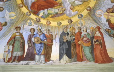 Vault of the room of Dante (detail): Dante, Beatrice, Empress Constance, the Clarissa Piccarda Romeo from Villanova and Emperor Justinian